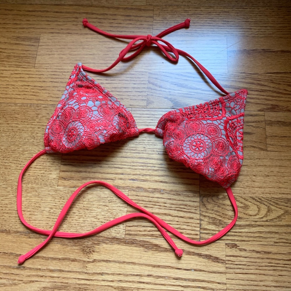 xhilaration red patterned swim top